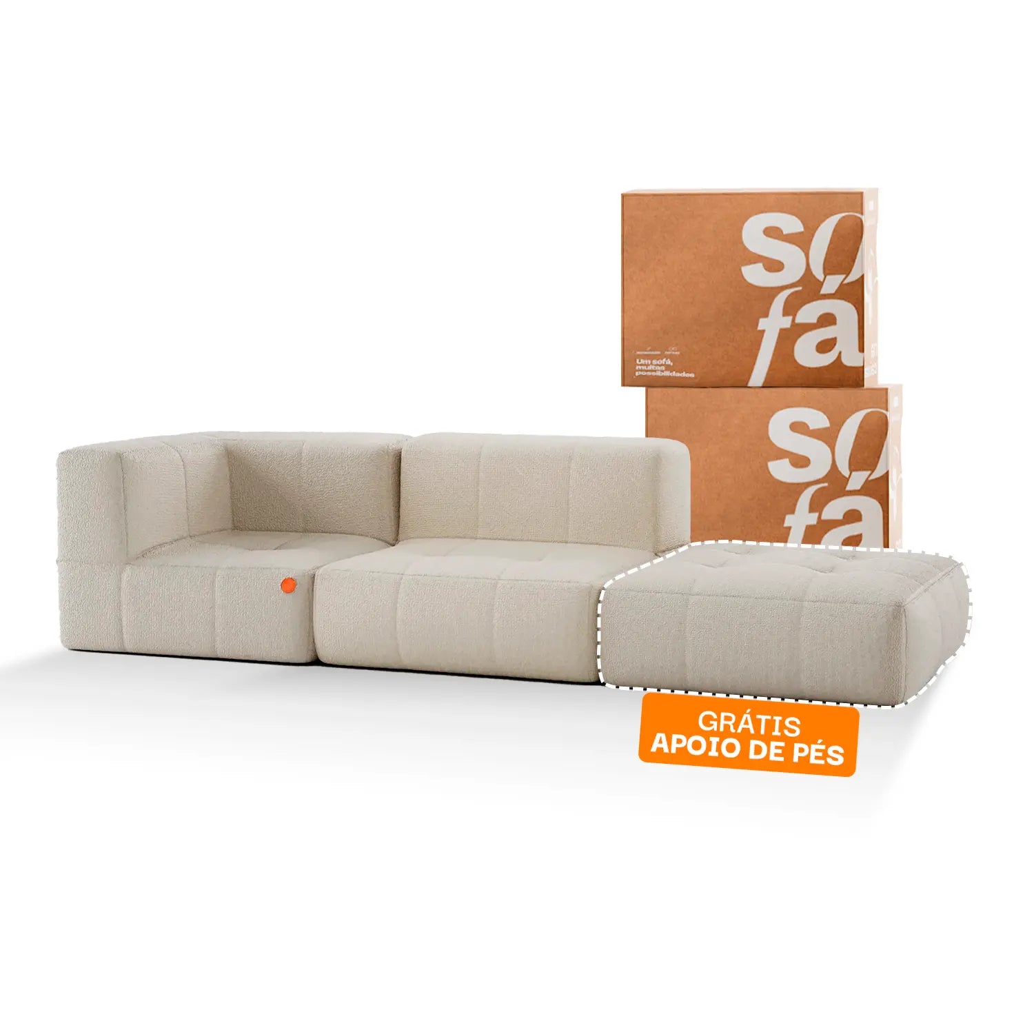 Sofá na Caixa modular 2 lugares em Boucle - 1 Braço com Apoio de pé Grátis - Linho