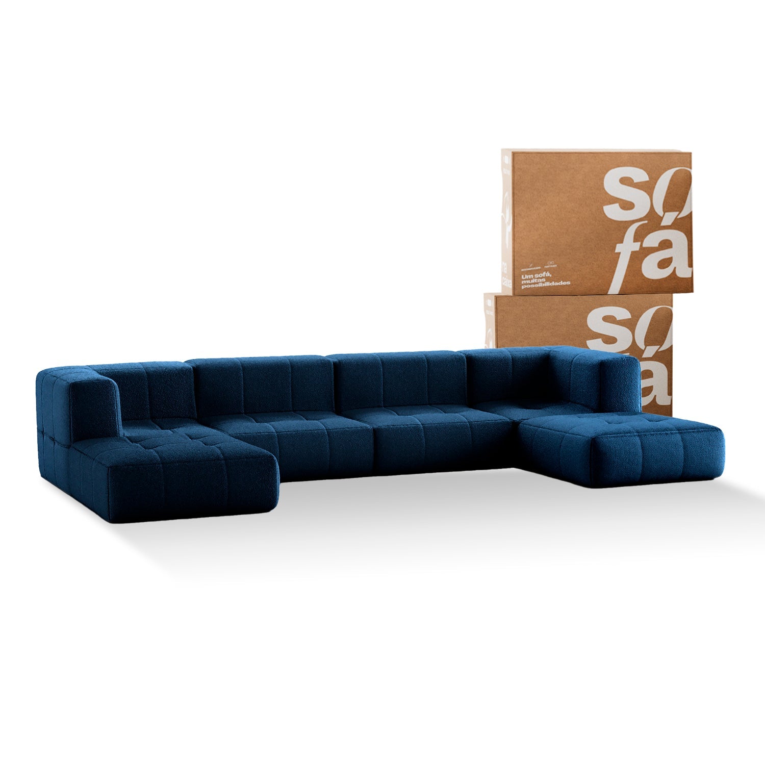 Sofá na Caixa modular 4 lugares em Boucle com 2 Chaise -  Azul
