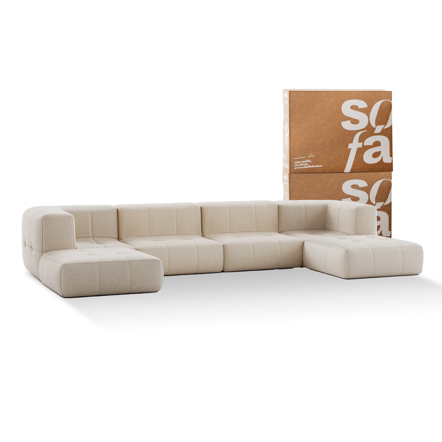 Sofá na Caixa modular 4 lugares em Boucle com 2 Chaise -  Linho