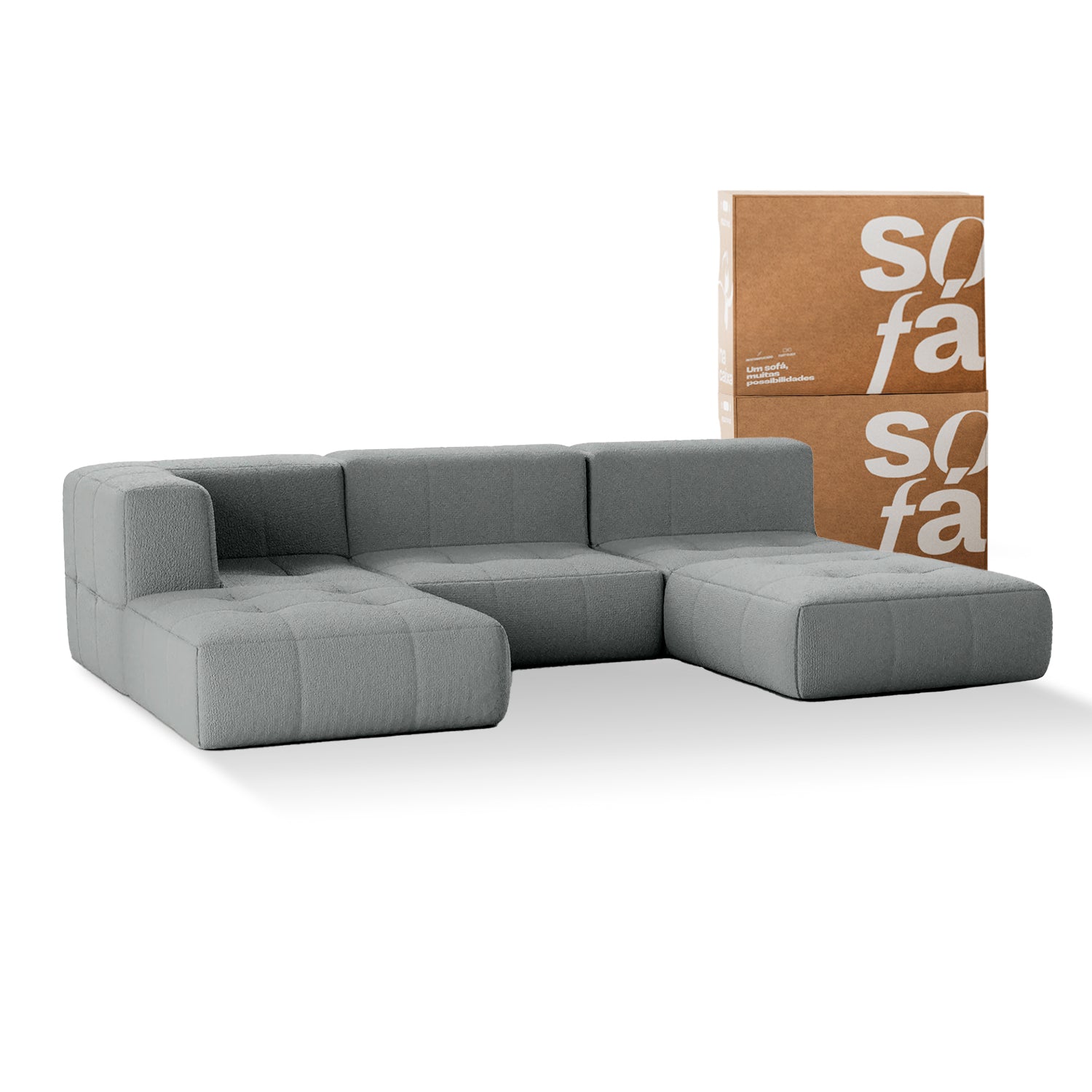 Sofá na Caixa modular 3 lugares em Boucle - 1 Braço com 2 Chaises - Cinza