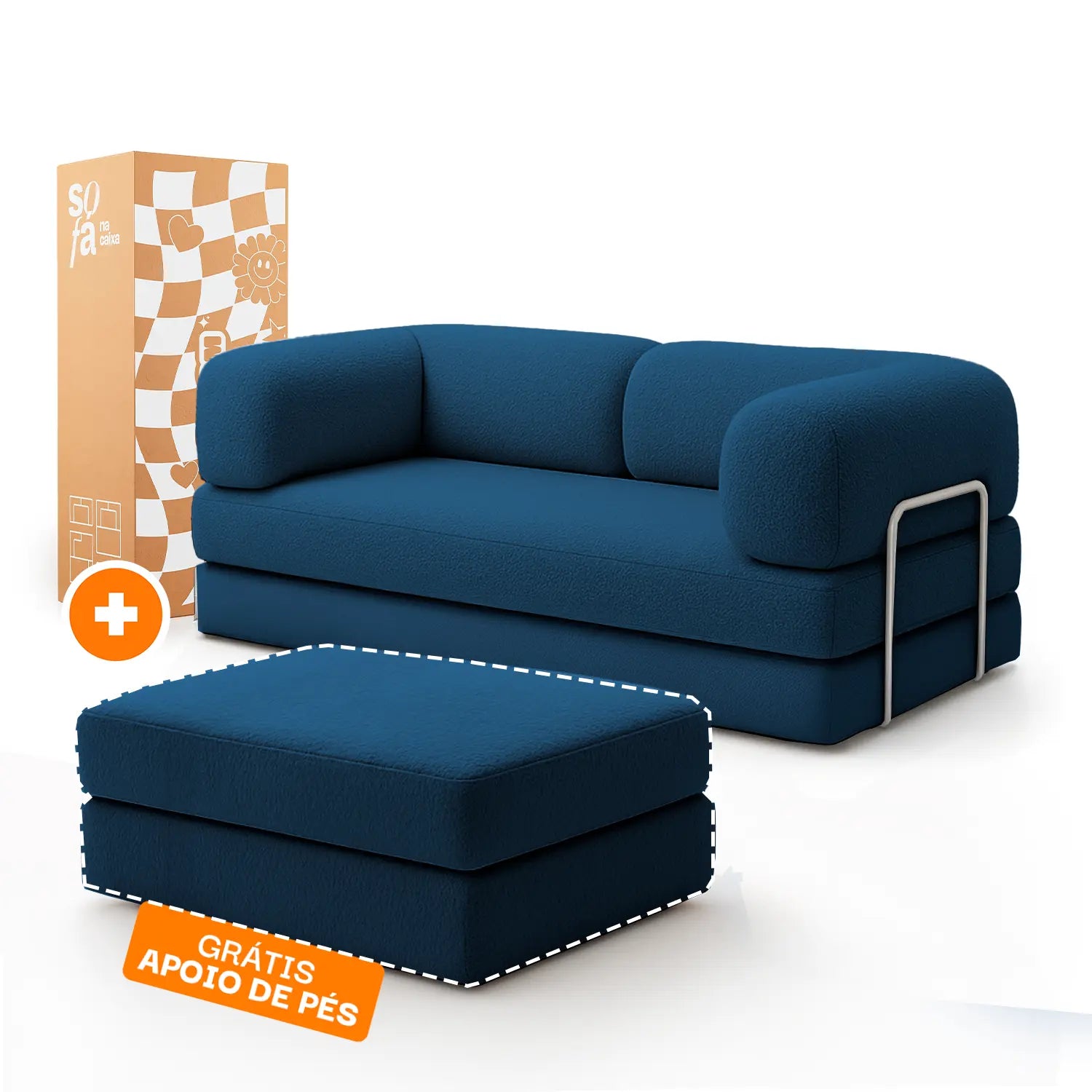 Sofá Cama Bloom - Sofá na Caixa + Apoio de Pé Bloom Tecido Boucle Azul Grátis
