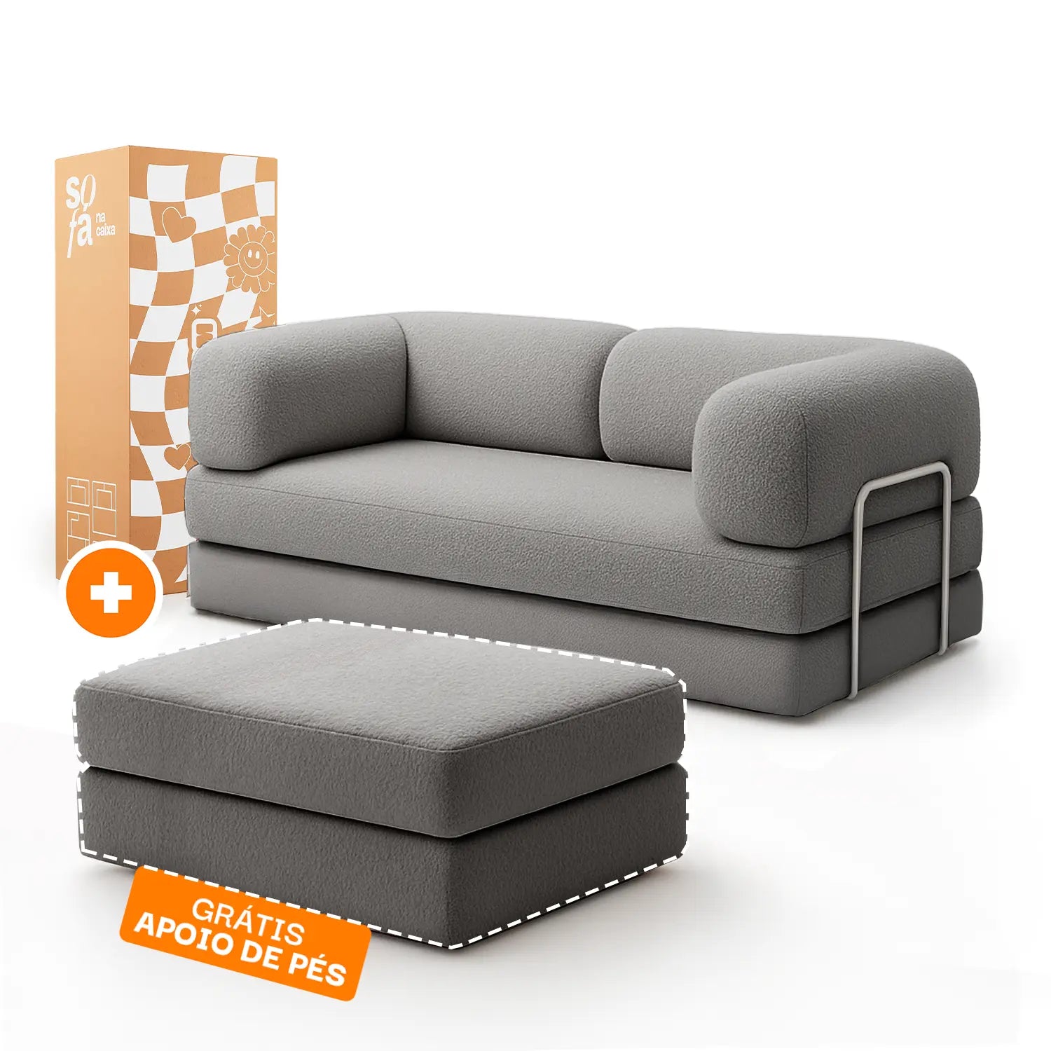 Sofá Cama Bloom - Sofá na Caixa + Apoio de Pé Bloom Tecido Boucle Cinza Grátis