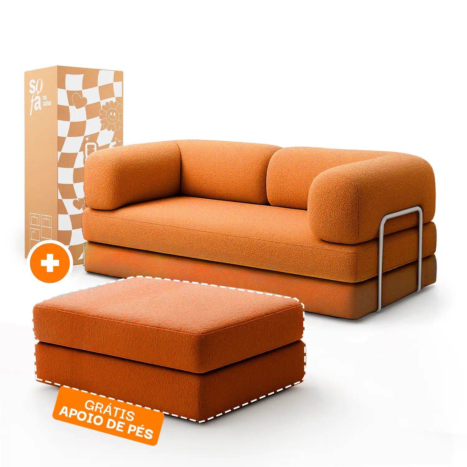 Sofá Cama Bloom Tecido Boucle Laranja - Sofá na Caixa + Apoio de Pé Grátis
