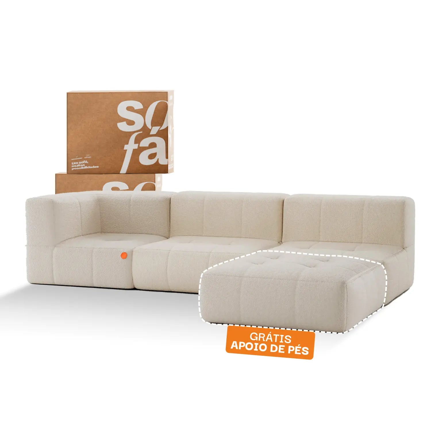 Sofá na Caixa modular 3 lugares em Boucle - 1 Braço com Chaise - Linho Grátis