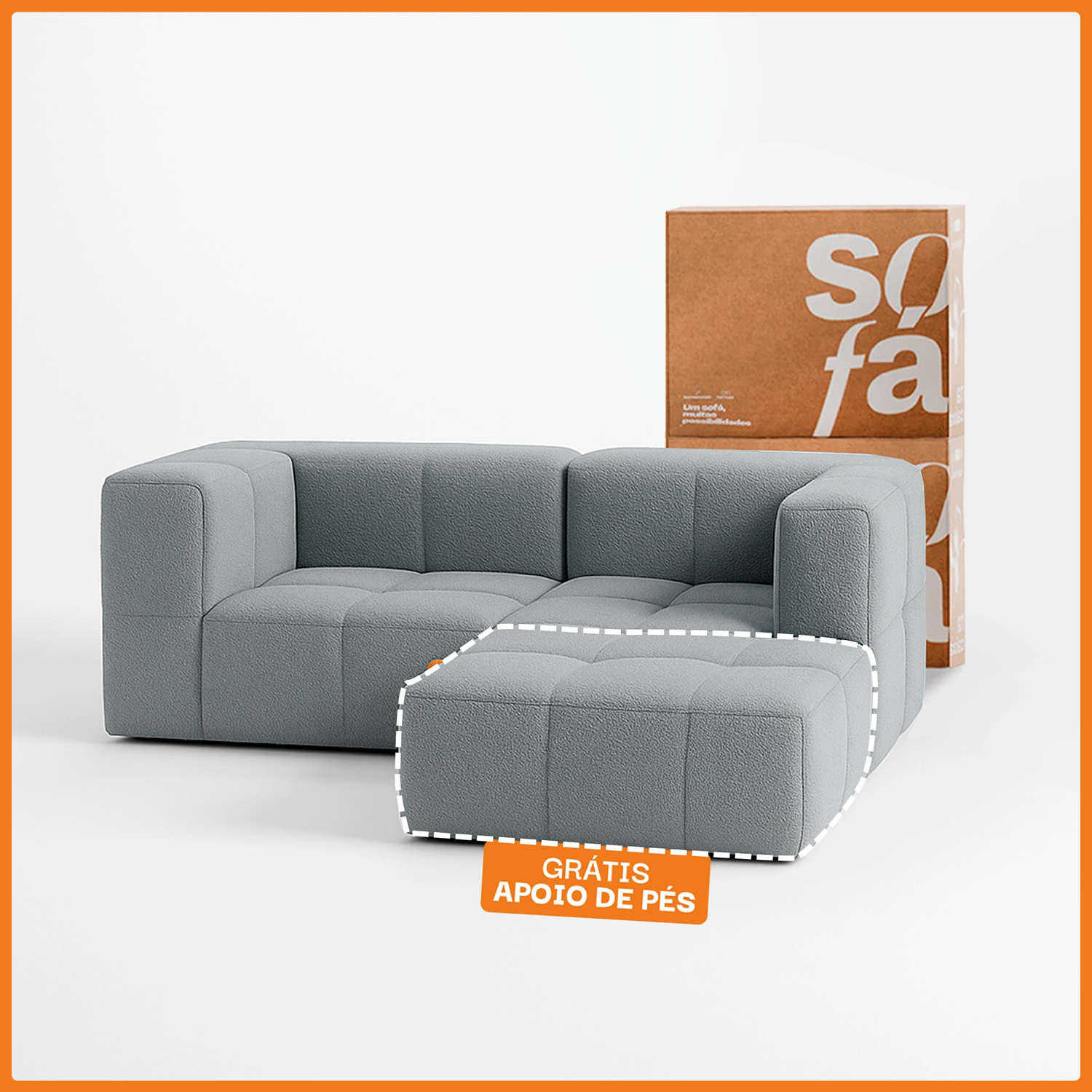 Sofá na Caixa modular 2 lugares em Boucle - 2 Cantos com Apoio de pé Grátis - Cinza