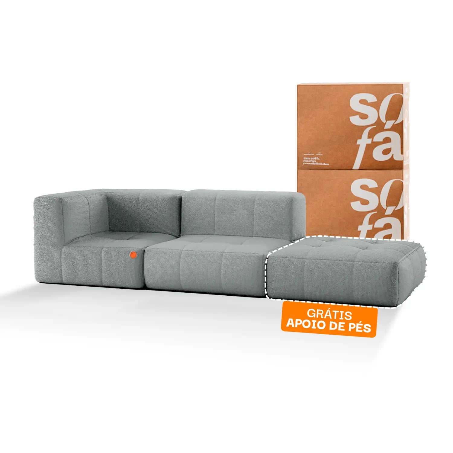 Sofá na Caixa modular 2 lugares em Boucle - 1 Braço com Apoio de pé Grátis - Cinza