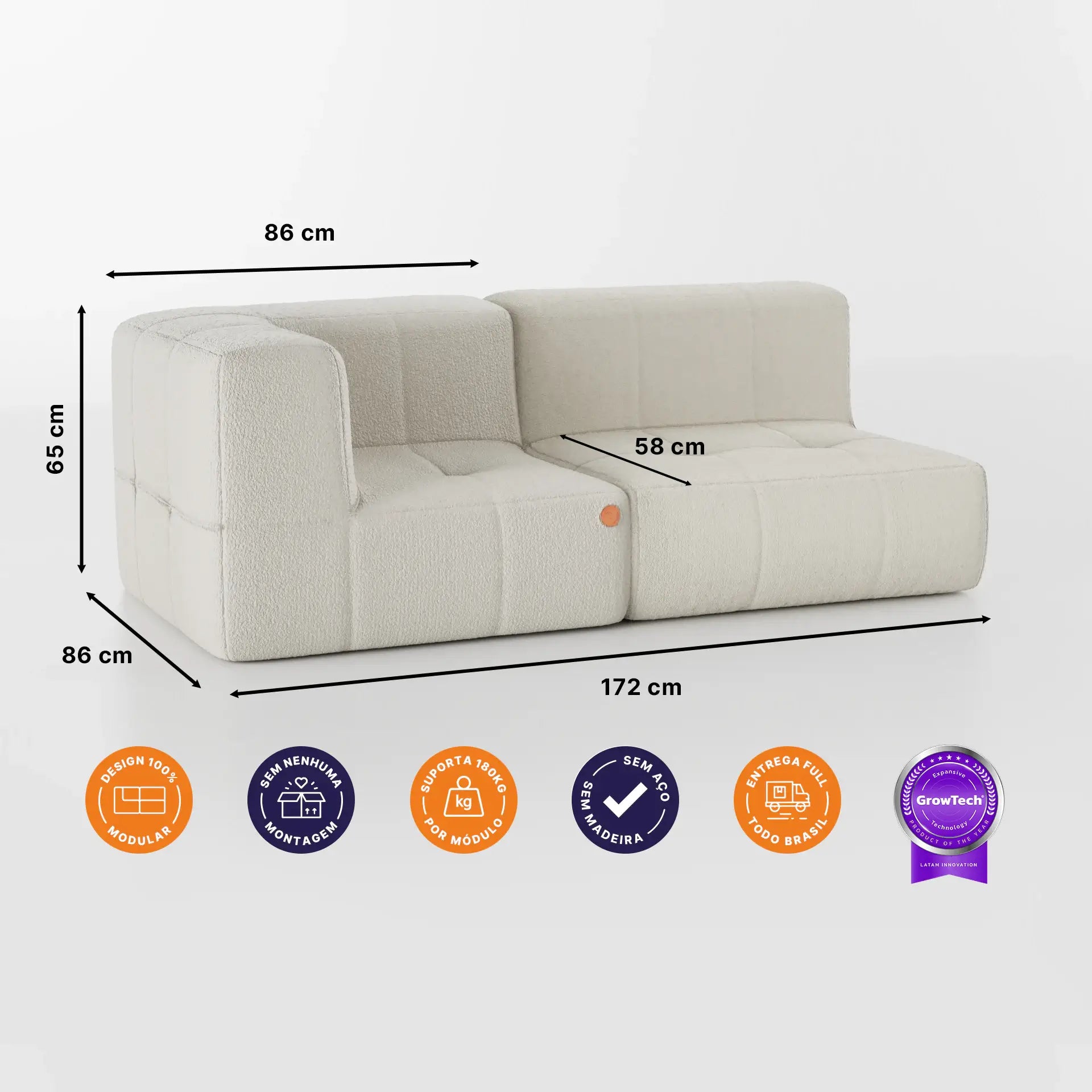 Sofá na Caixa modular 2 lugares em Boucle - 1 Braço -  Linho