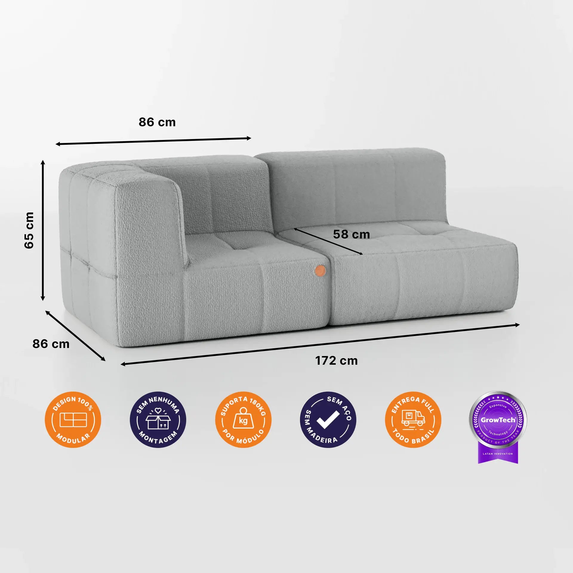 Sofá na Caixa modular 2 lugares em Boucle - 1 Braço -  Cinza