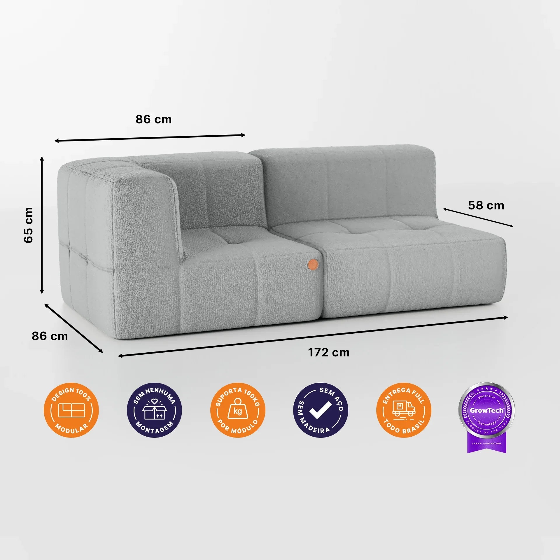 Sofá na Caixa modular 1 lugar Canto com chaise em Boucle - Cinza