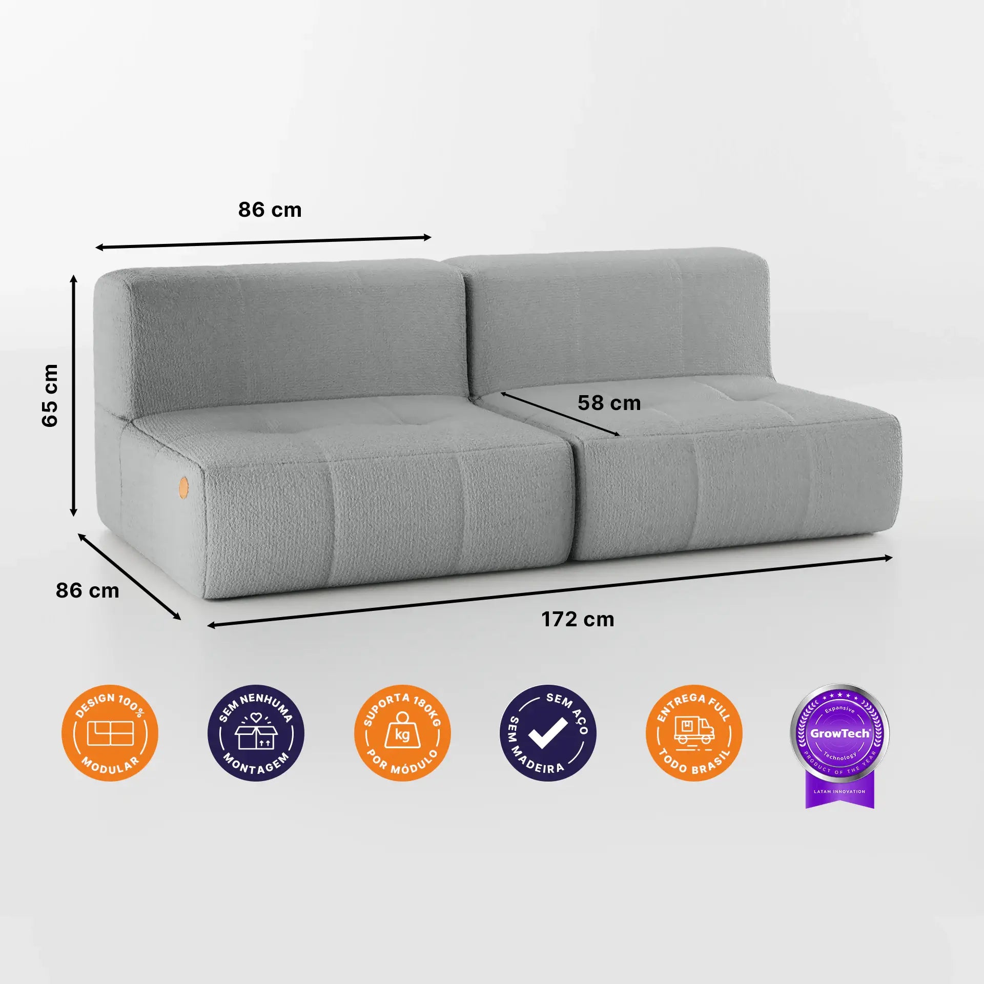 Sofá na Caixa modular 2 lugares em Boucle - Sem braço - Cinza