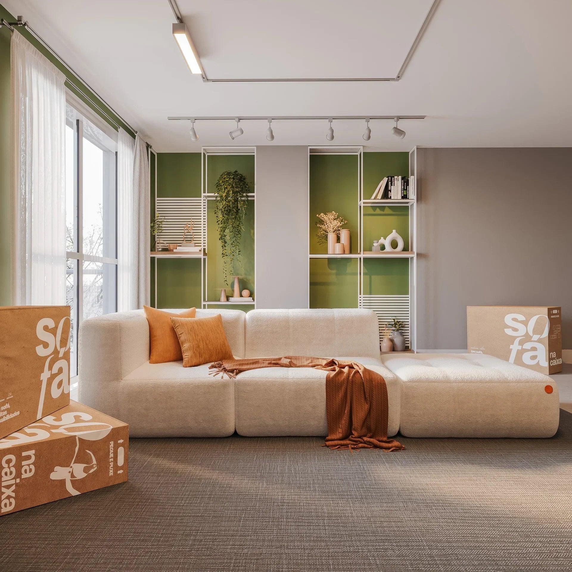 Sofá na Caixa modular 2 lugares em Boucle - 1 Braço com Apoio de pé Grátis - Linho