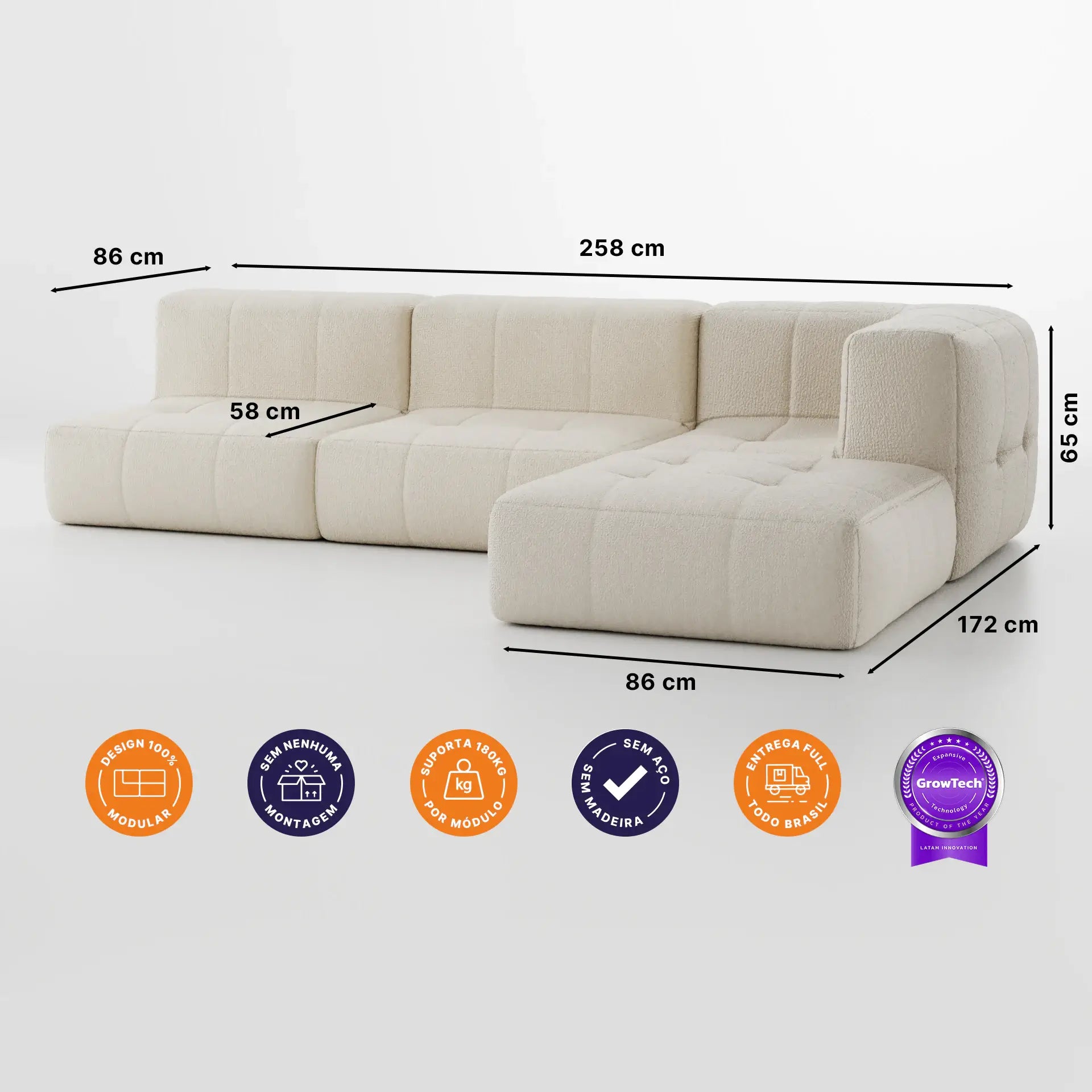 Sofá na Caixa modular 3 lugares em Boucle com Apoio de pé Grátis  - Linho