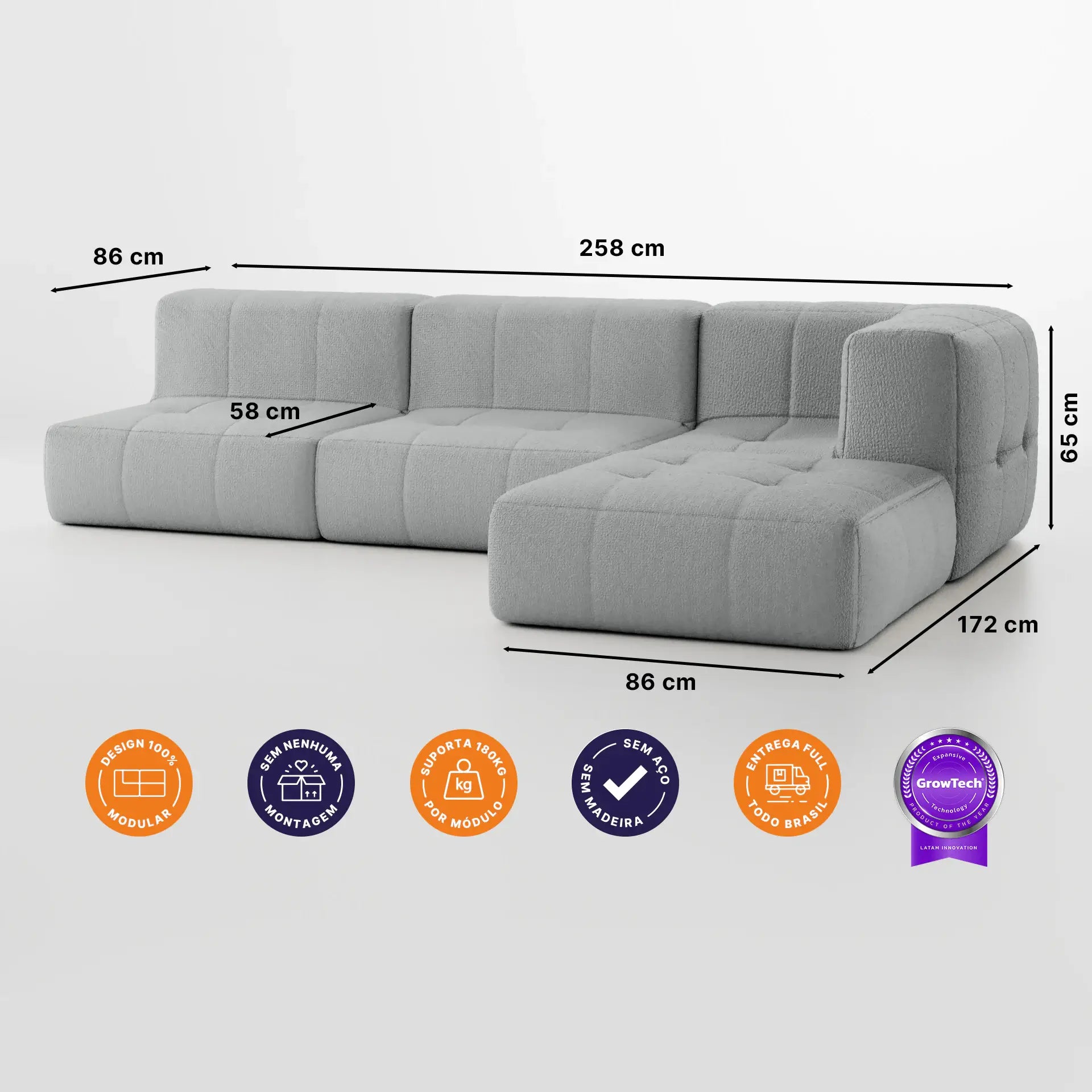 Sofá na Caixa modular 3 lugares em Boucle com Apoio de pé Grátis - Cinza