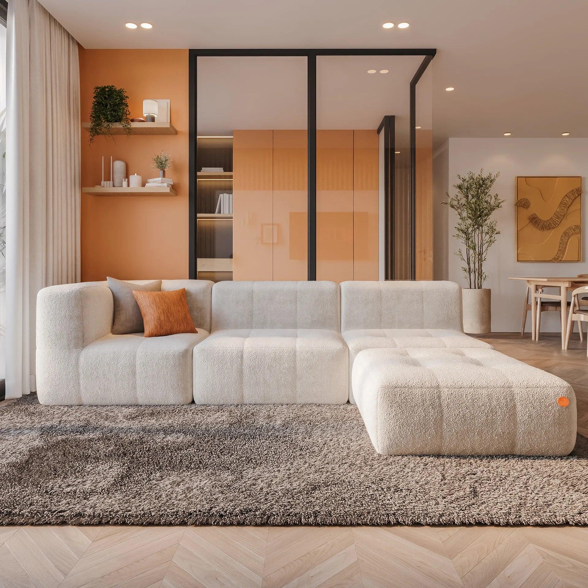 Sofá na Caixa modular 3 lugares em Boucle - 1 Braço com Chaise - Linho Grátis