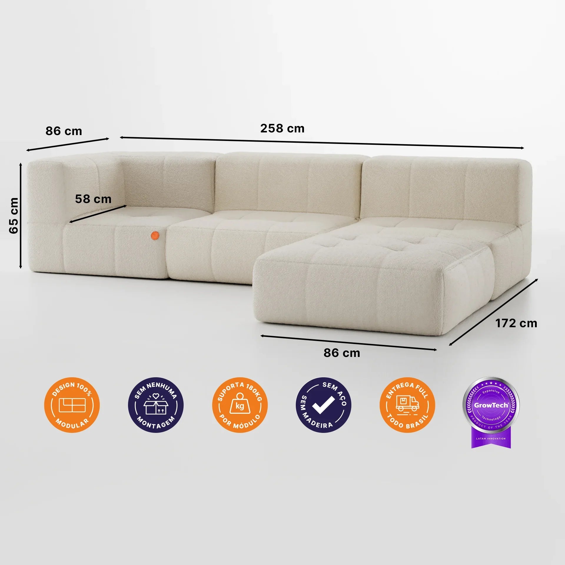 Sofá na Caixa modular 3 lugares em Boucle - 1 Braço com Chaise - Linho Grátis