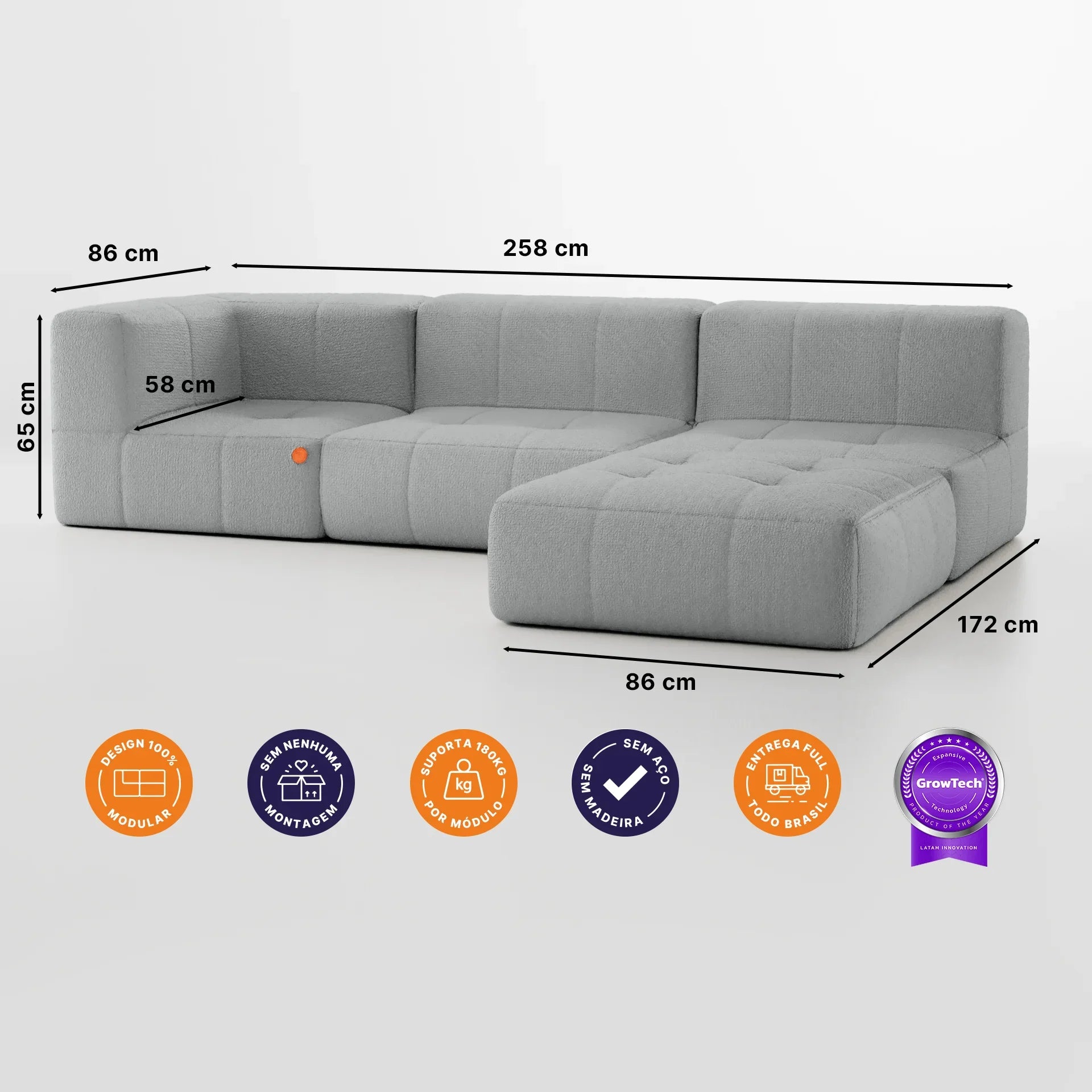 Sofá na Caixa modular 3 lugares em Boucle - 1 Braço com Chaise - Cinza Grátis