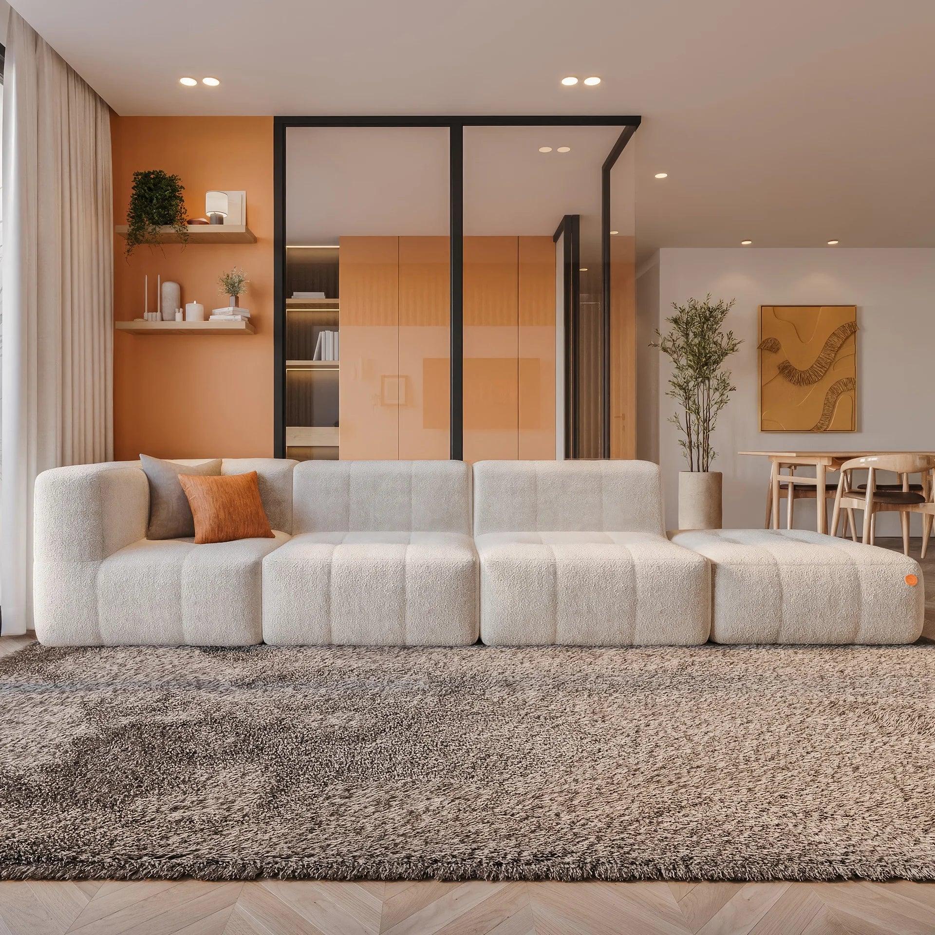 Sofá na Caixa modular 3 lugares em Boucle - 1 Braço com Chaise - Linho Grátis