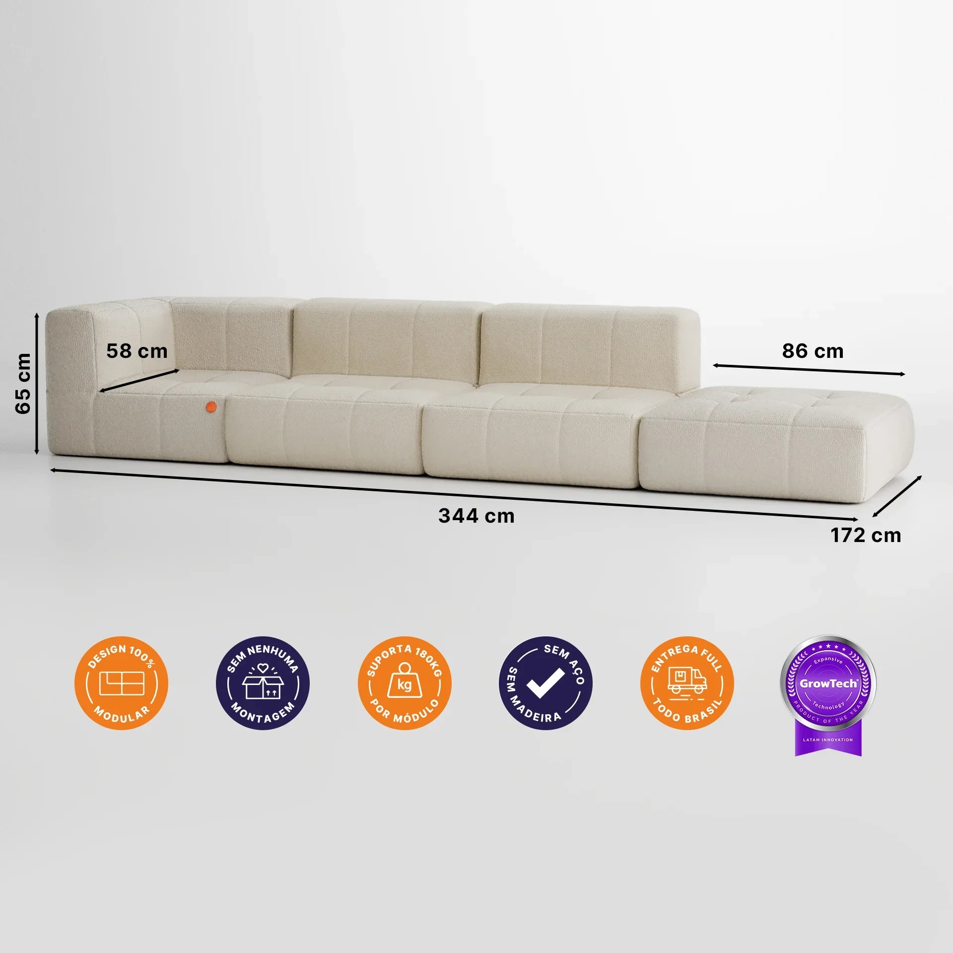 Sofá na Caixa modular 3 lugares em Boucle - 1 Braço com Chaise - Linho Grátis