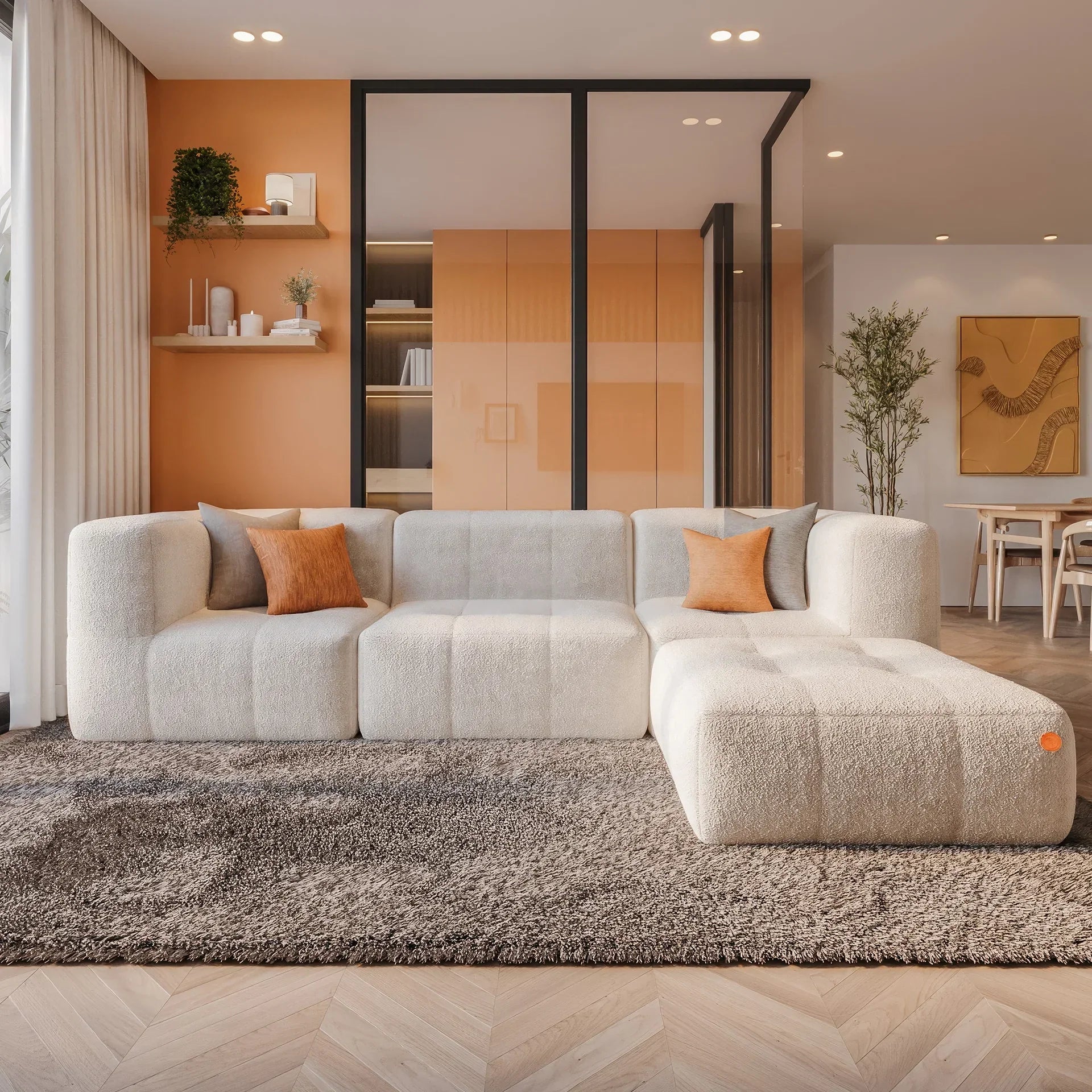 Sofá na Caixa modular 3 lugares em Boucle com Apoio de pé Grátis  - Linho