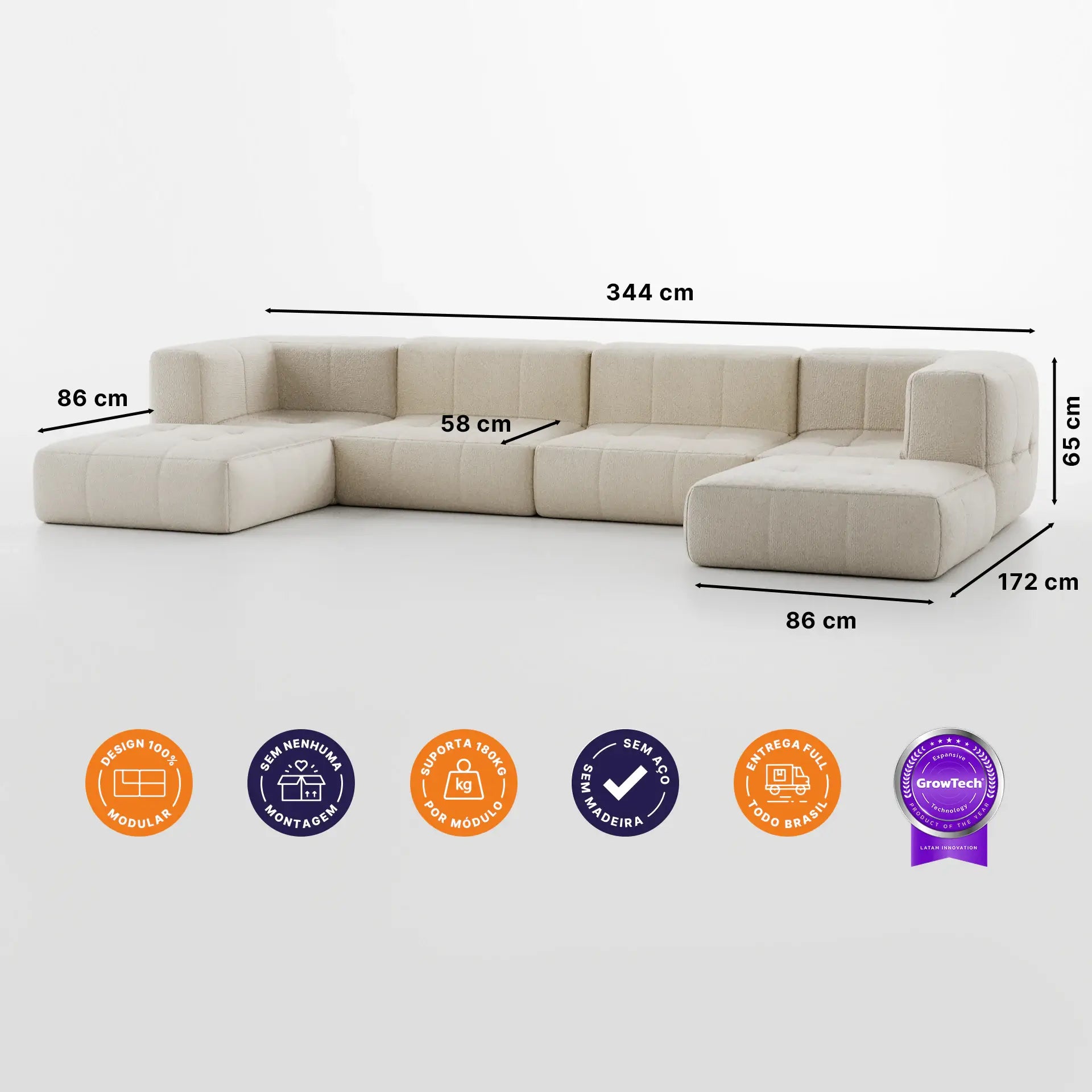 Sofá na Caixa modular 4 lugares em Boucle com 2 Chaise -  Linho