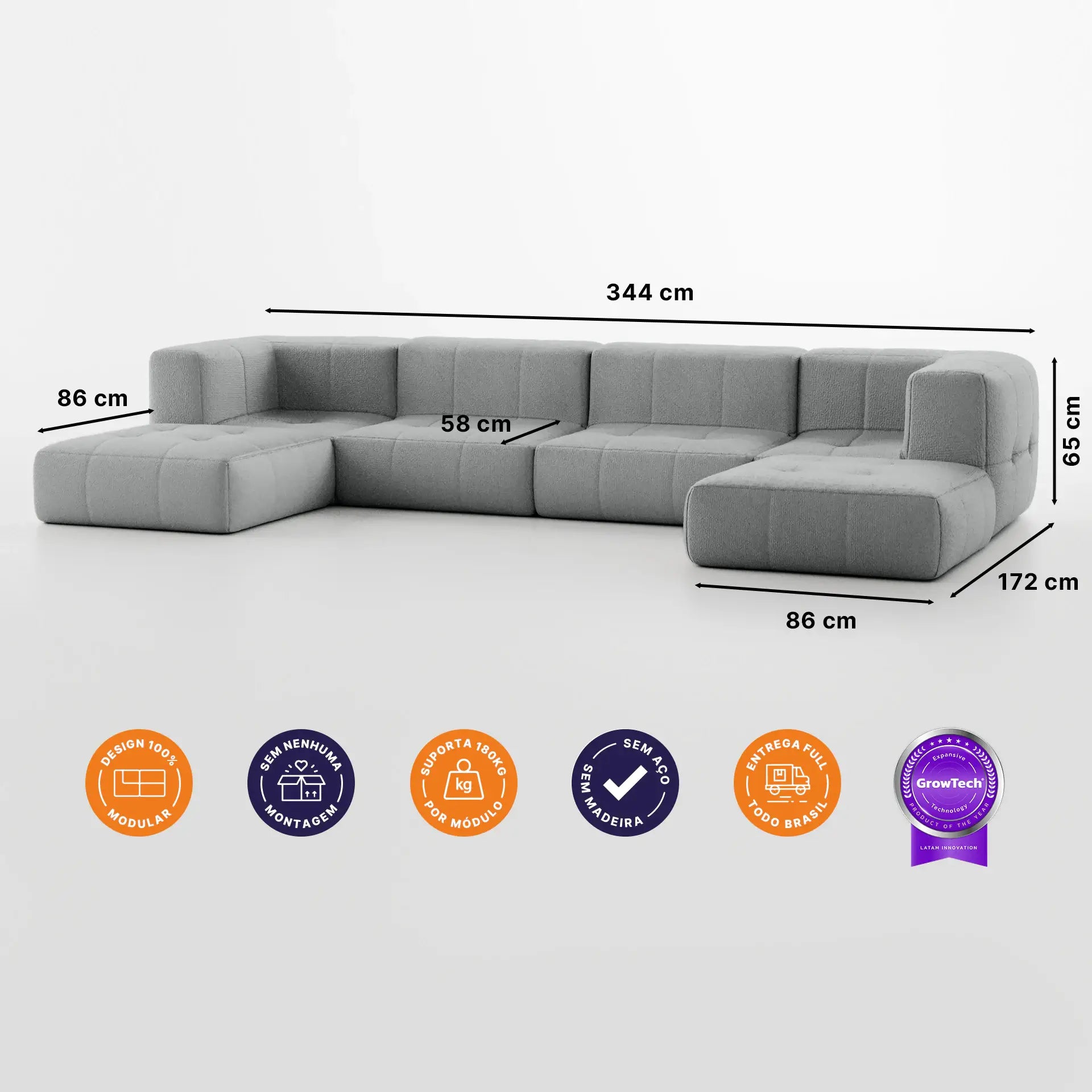 Sofá na Caixa modular 4 lugares em Boucle com 2 Chaise -  Cinza